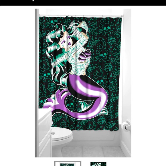 Retired Sourpuss Tattooed Mermaid Marina Kai Shower Curtain Matching Hand Towel - Picture 1 of 3